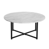 White Marble Effect Round Coffee Table with Black Legs