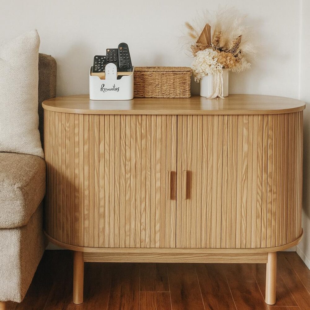 Natural Wood Ribbed Sideboard Cabinet