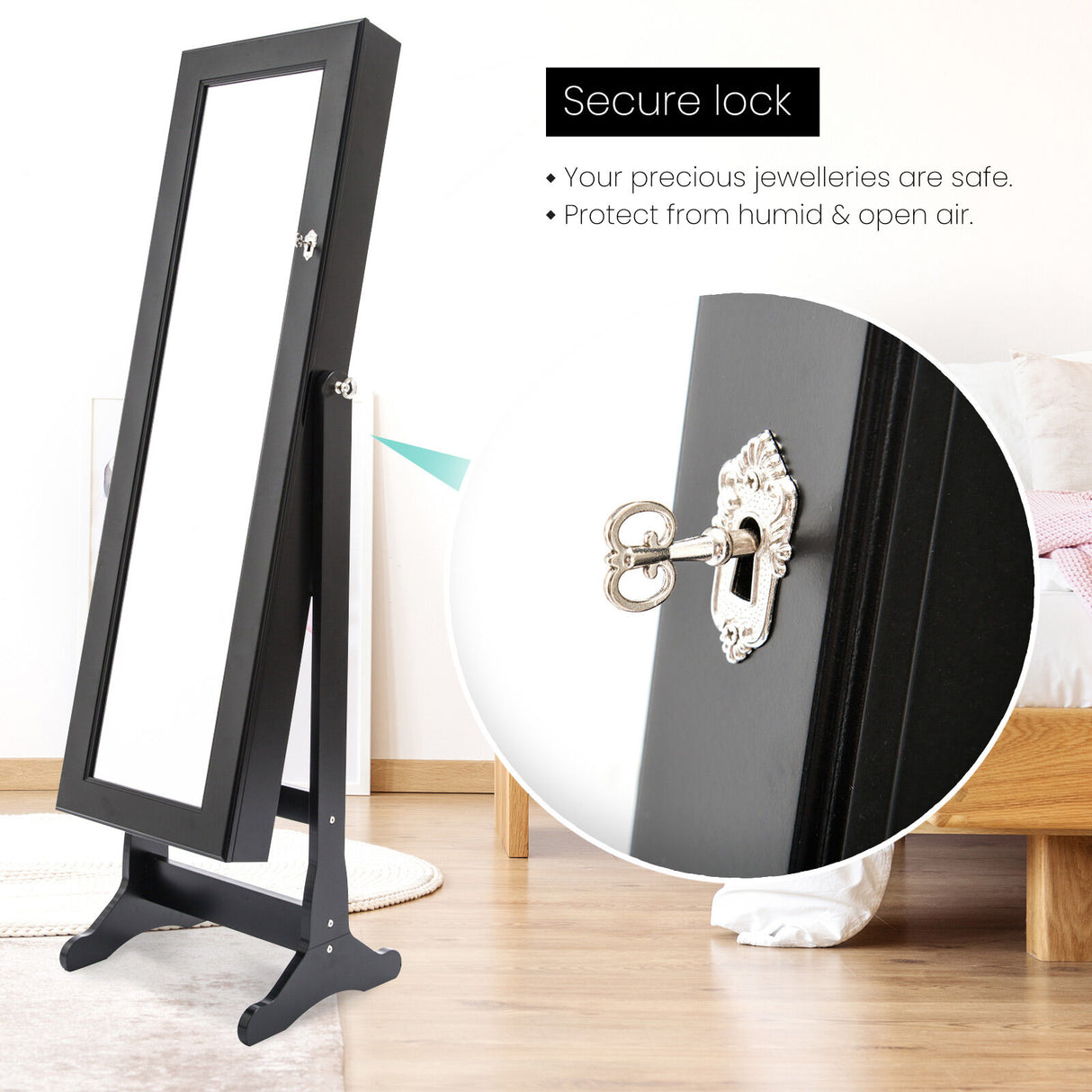 Mirror Jewellery Cabinet Organiser 2 Drawers LOWE 146cm BLACK