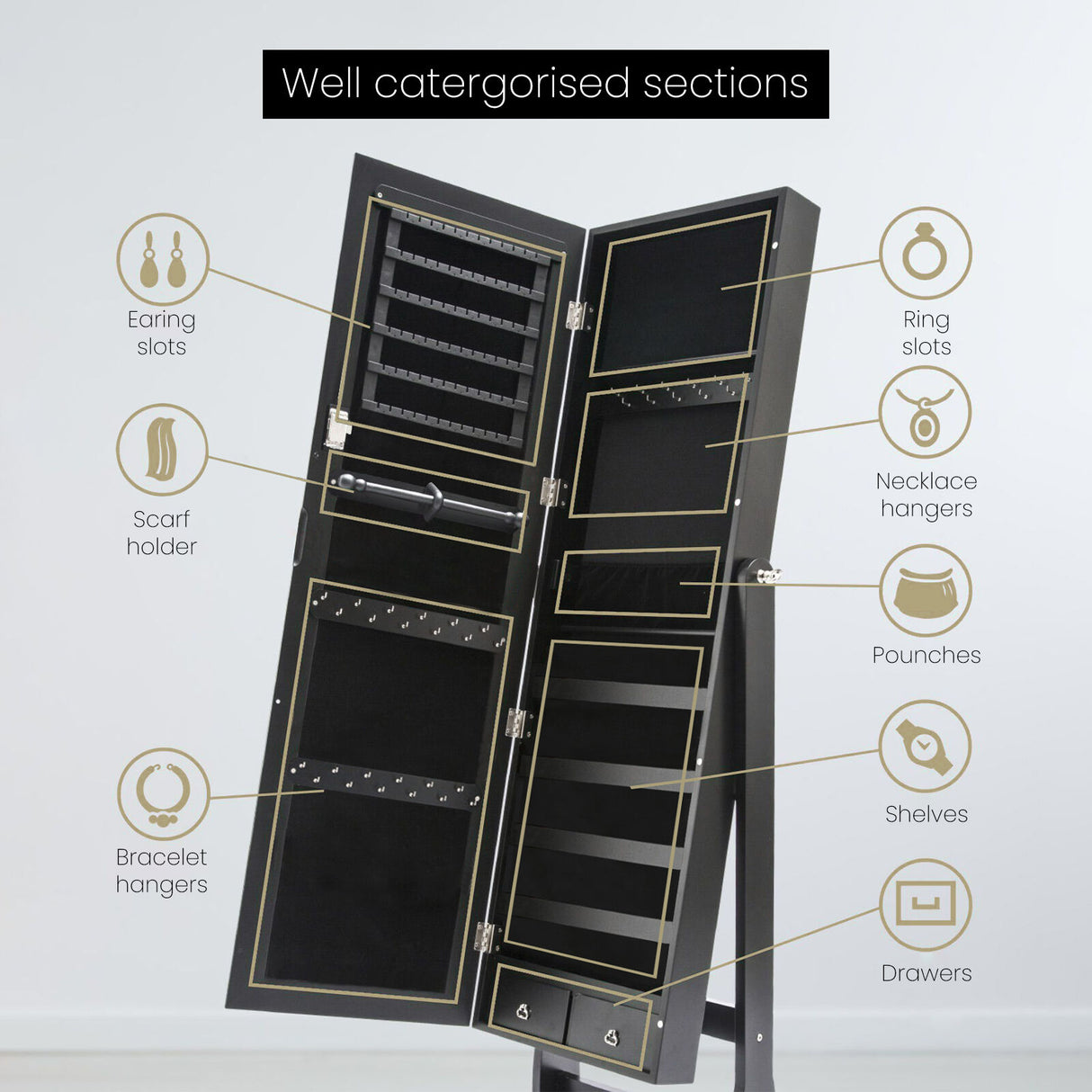 Mirror Jewellery Cabinet Organiser 2 Drawers LOWE 146cm BLACK