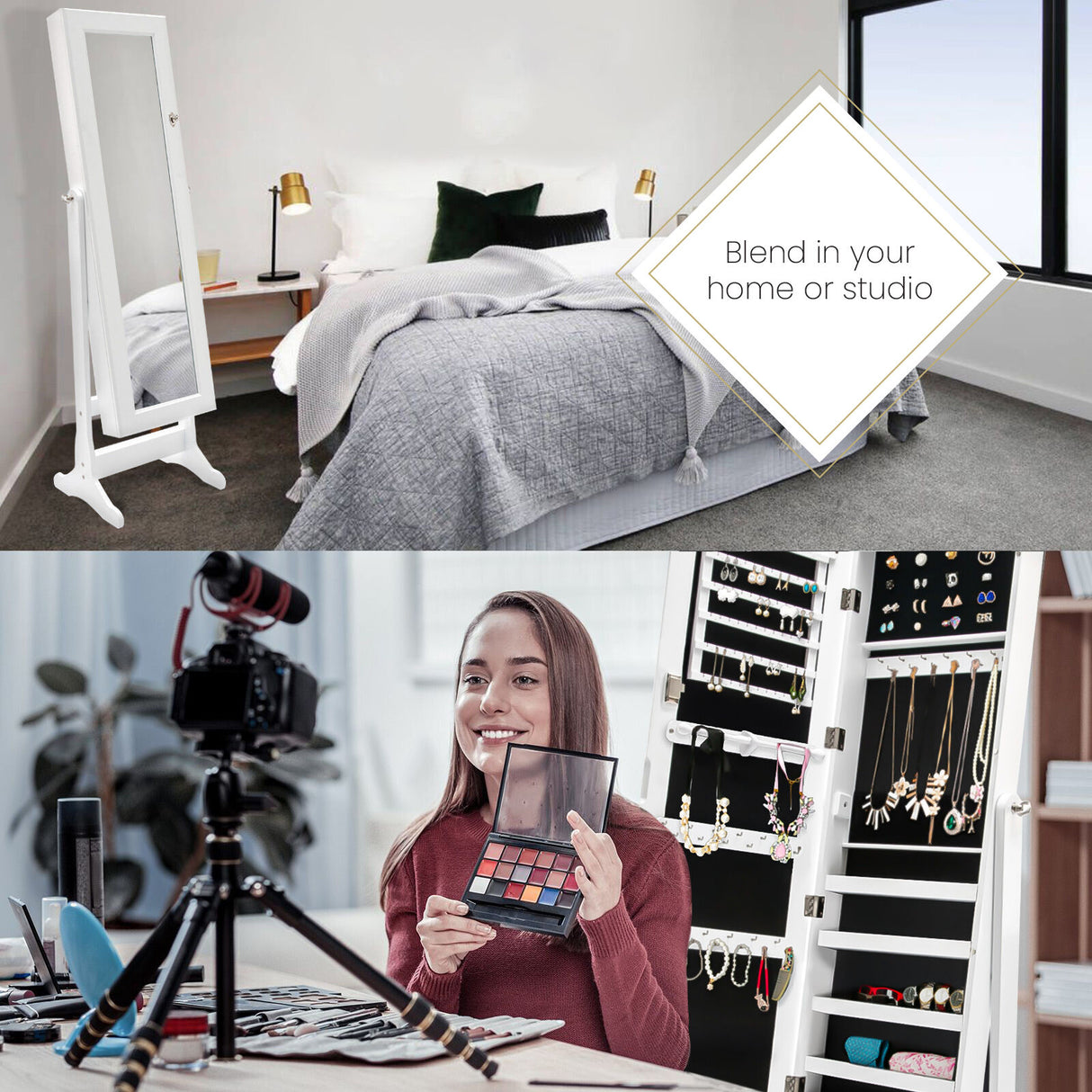 Mirror Jewellery Cabinet Organiser 2 Drawers LOWE 146cm WHITE