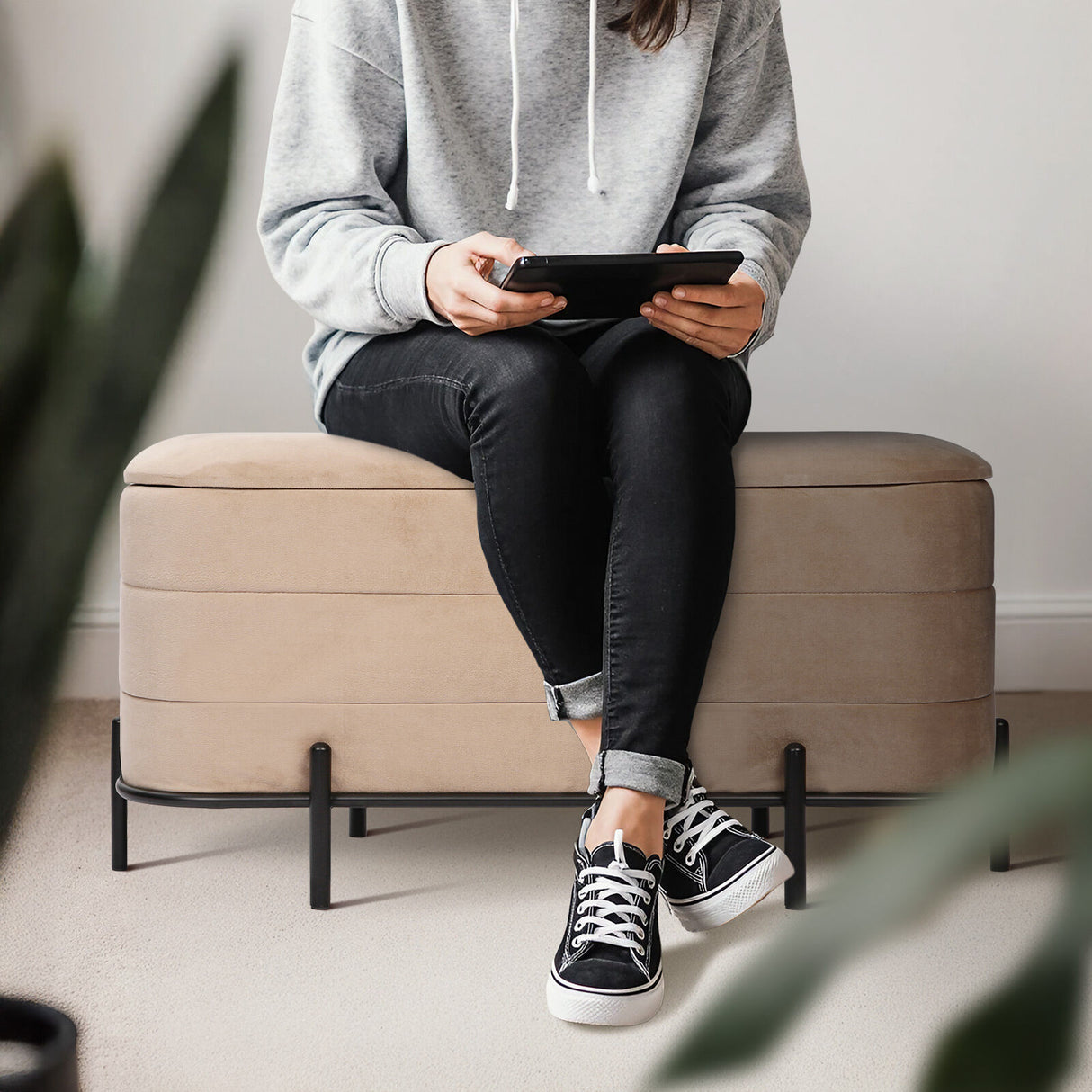 La Bella Coffee Table Storage Ottoman - Velvet Blanket Box Bench DEMI - CAMEL BEIGE