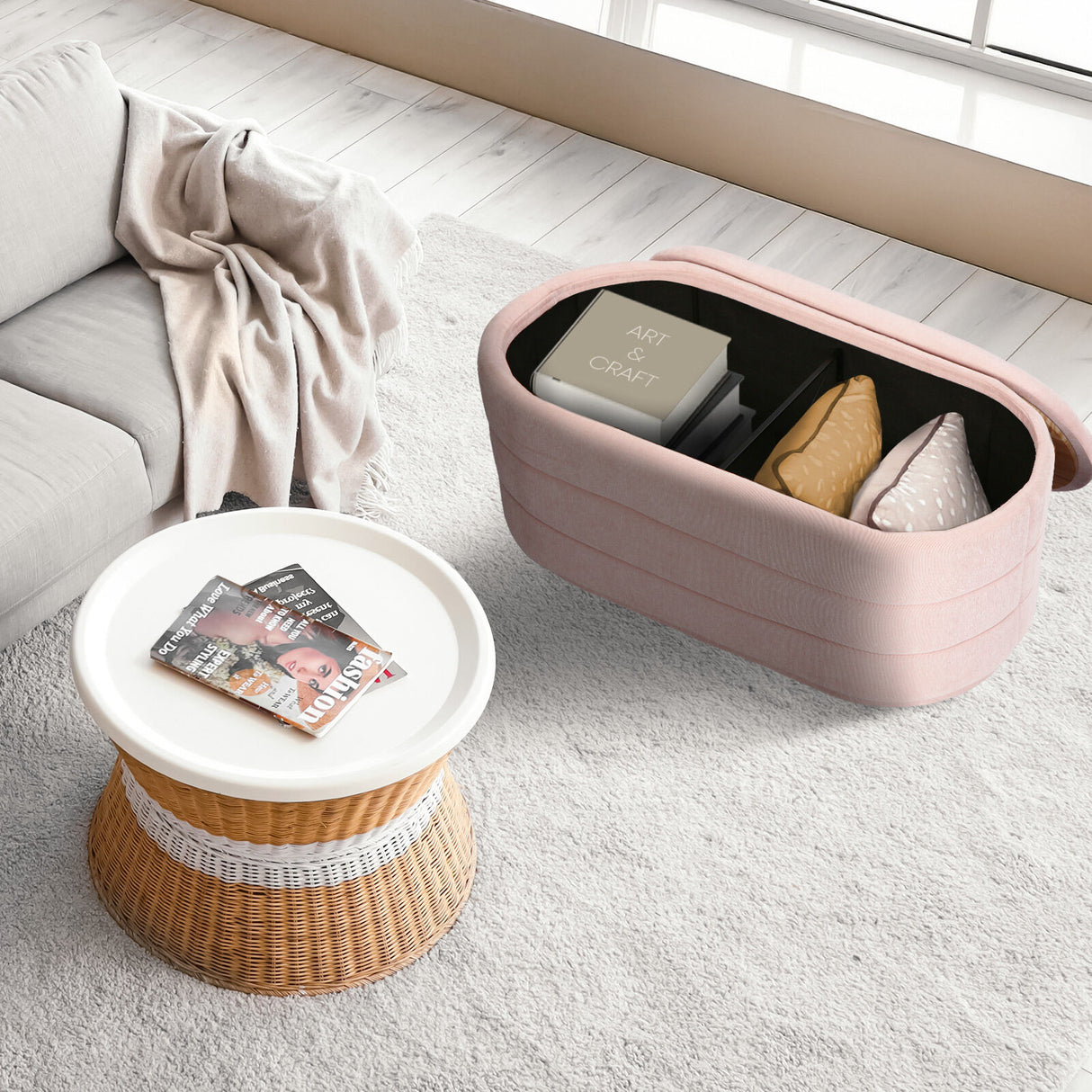 Coffee Table Storage Ottoman - Chenille Fabic Padded Blanket Box Bench CELIA - PINK