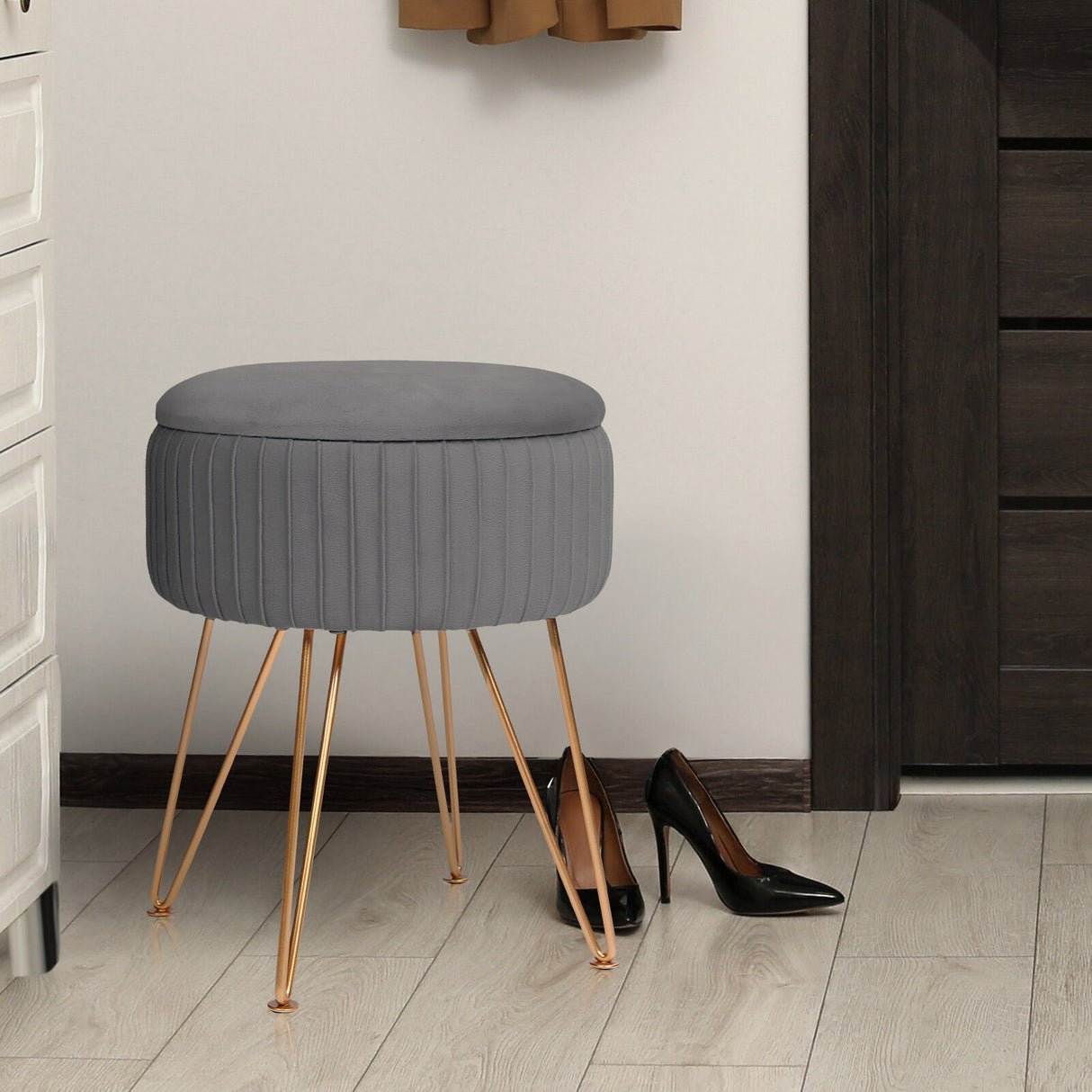 Side Table Storage Ottoman - Velvet Padded Stool Vanity Footstool REMY GREY