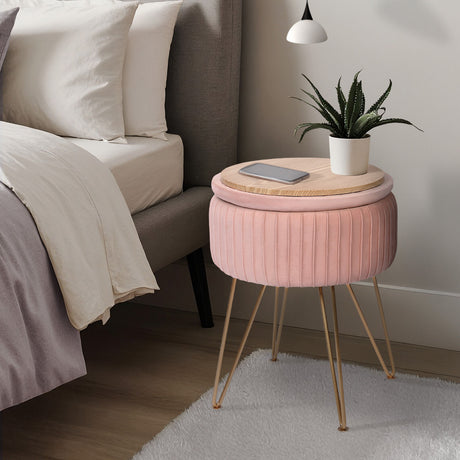 Side Table Storage Ottoman - Velvet Padded Stool Vanity Footstool REMY PINK