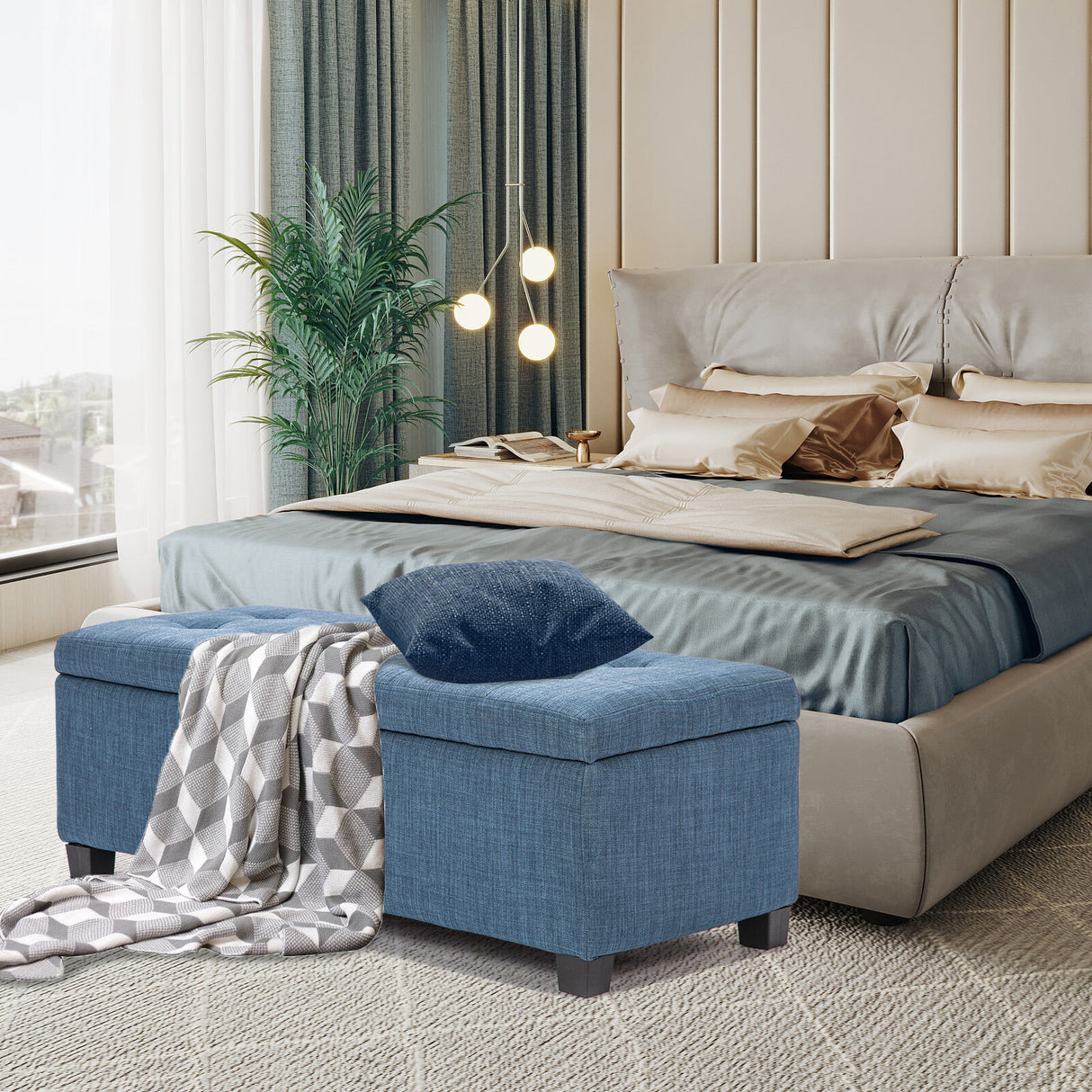 Storage Ottoman Stool 102cm Fabric DARK BLUE