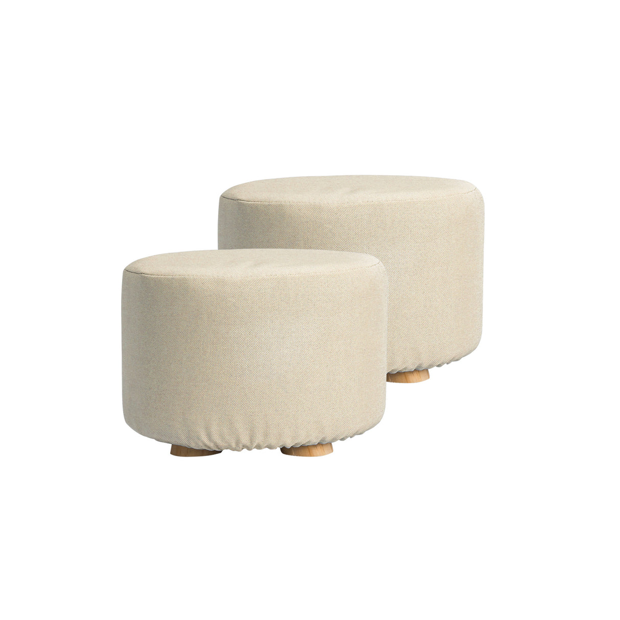 2X Fabric Ottoman Round Wooden Leg Foot Stool - BEIGE