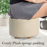 2X Fabric Ottoman Round Wooden Leg Foot Stool - BEIGE