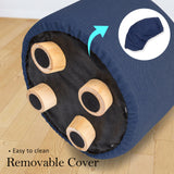 Fabric Ottoman Round Wooden Leg Foot Stool - DARK BLUE