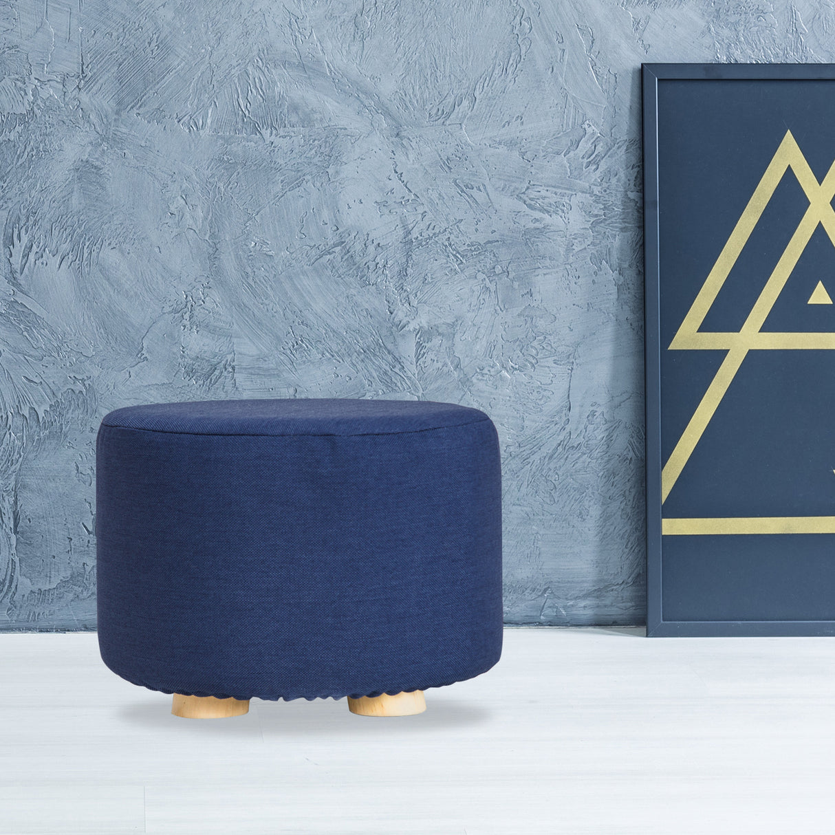 Fabric Ottoman Round Wooden Leg Foot Stool - DARK BLUE