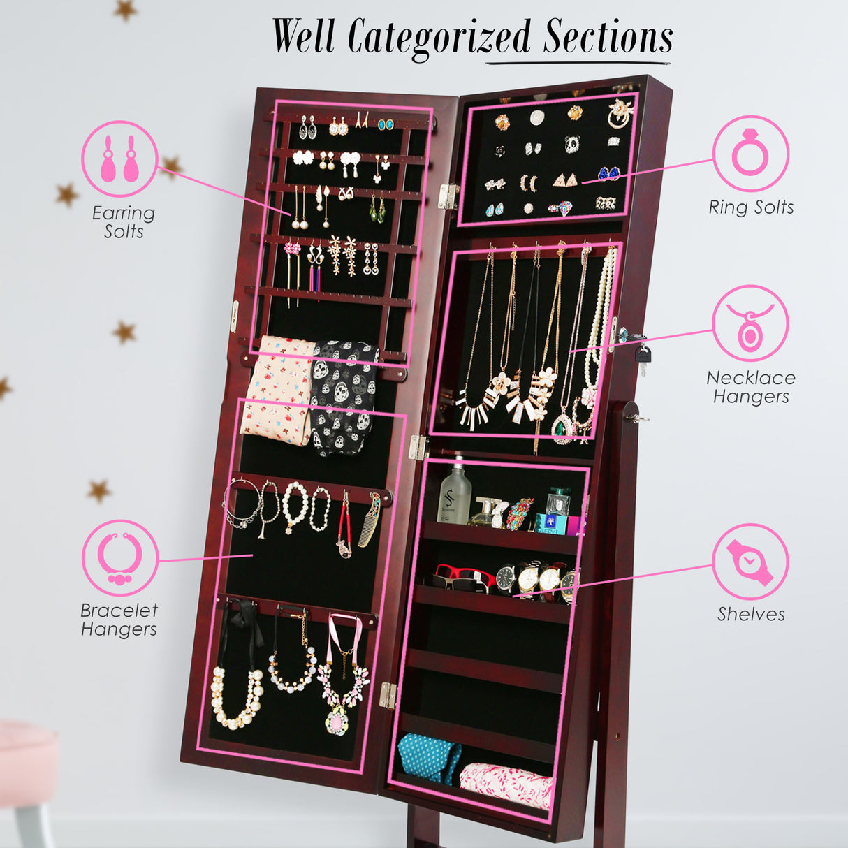 Mirror Jewellery Cabinet Storage Organiser LUVO 146cm WALNUT