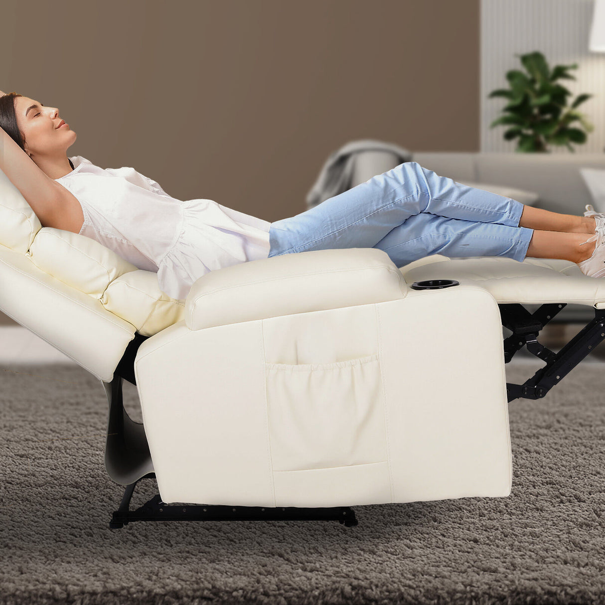 8-Point Electric Massage Recliner Chair - PU Leather Lounge Sofa Armchair CELINA CREAM