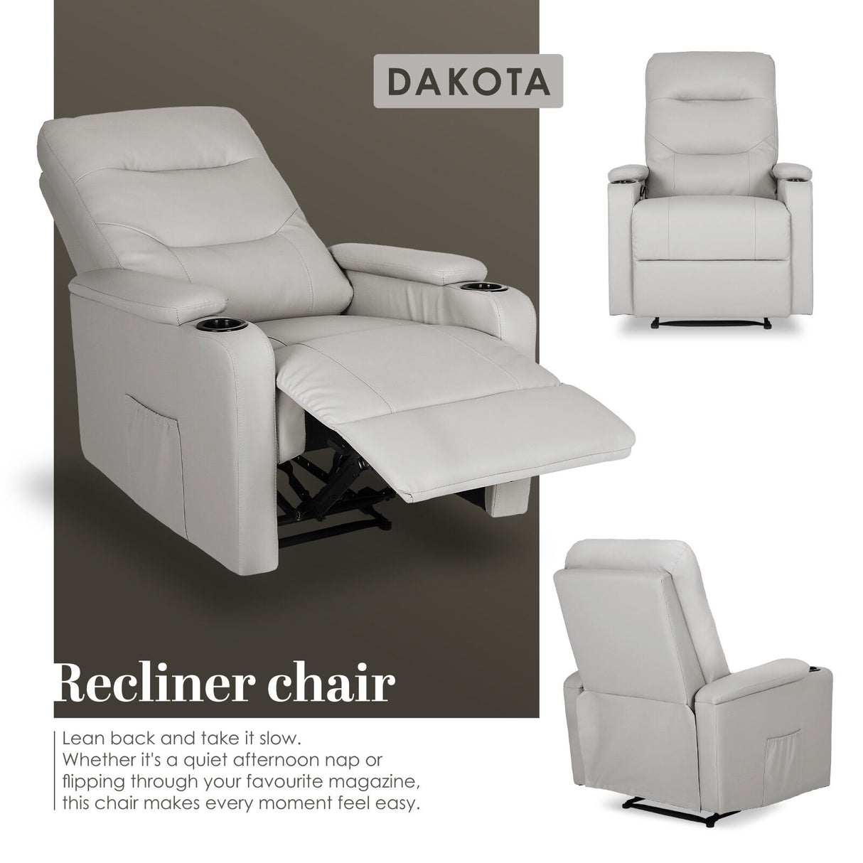 Home Recliner Chair - PU Leather Sofa Lounge Armchair DAKOTA GREY