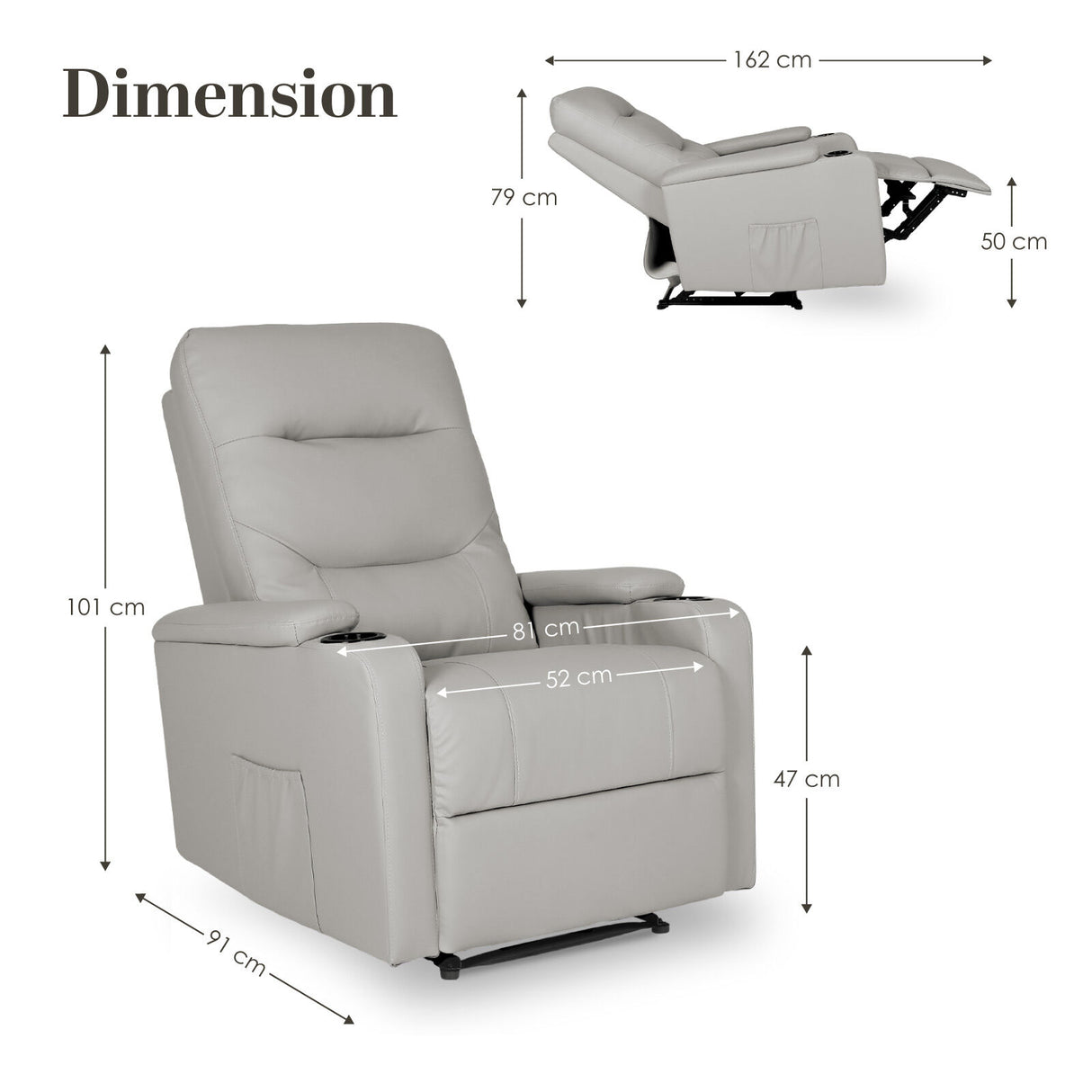 Home Recliner Chair - PU Leather Sofa Lounge Armchair DAKOTA GREY