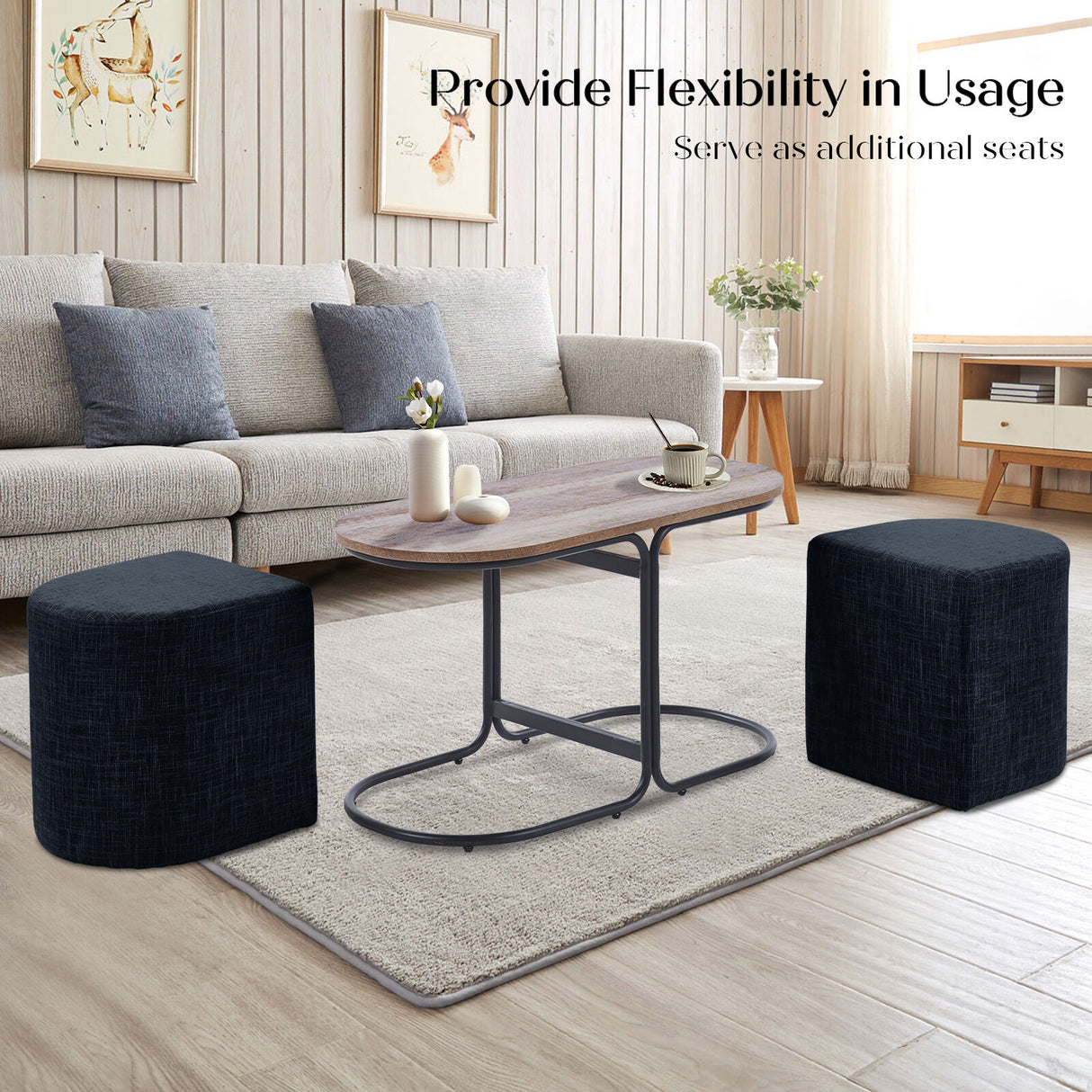 3 Piece Set Coffee Table & Ottoman Wood Side End Table Industrial - Black