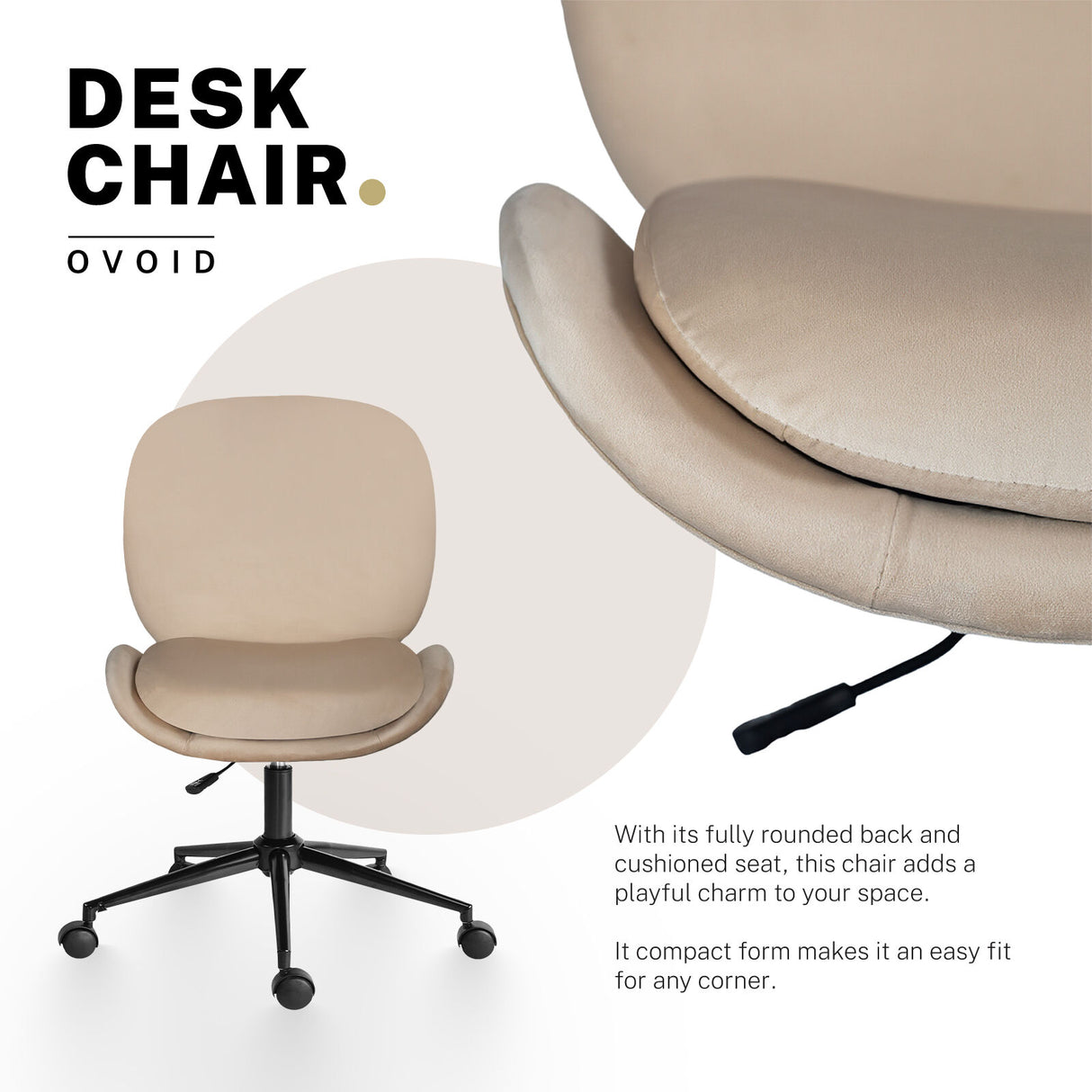 Office Desk Chair - Velvet Armless Swivel Study Seat OVOID PALE KHAKI