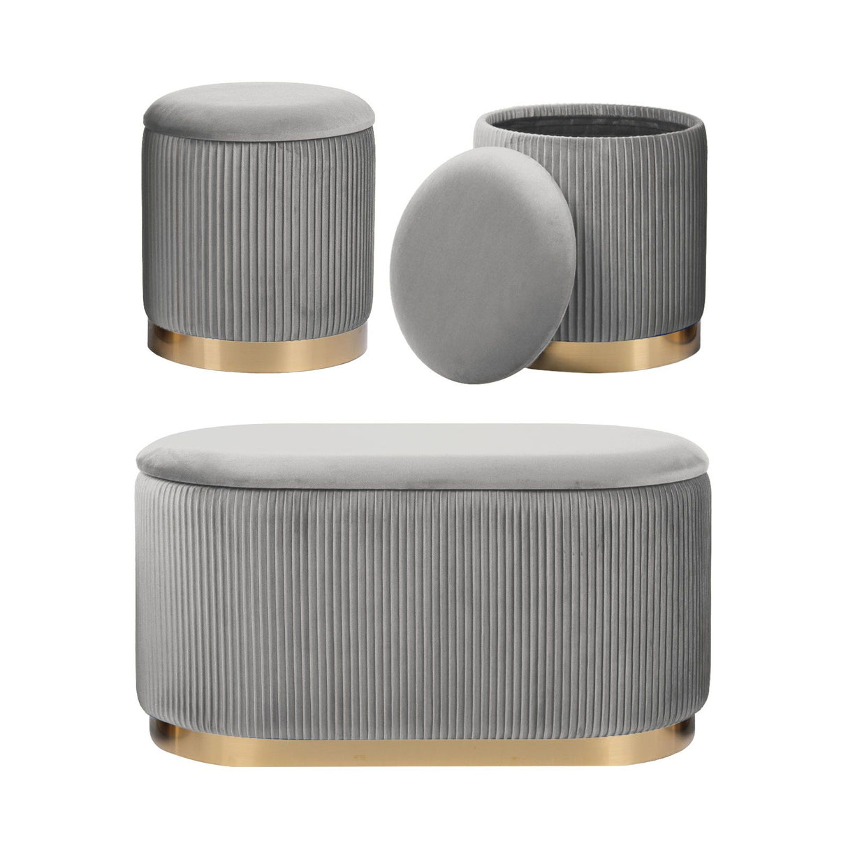 3 Piece Set Storage Ottoman - Blanket Box Velvet Padded Bench Stool FAYE GREY