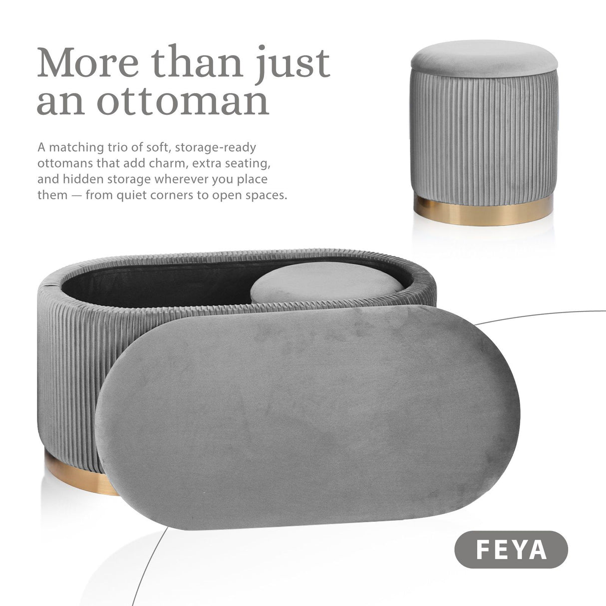 3 Piece Set Storage Ottoman - Blanket Box Velvet Padded Bench Stool FAYE GREY