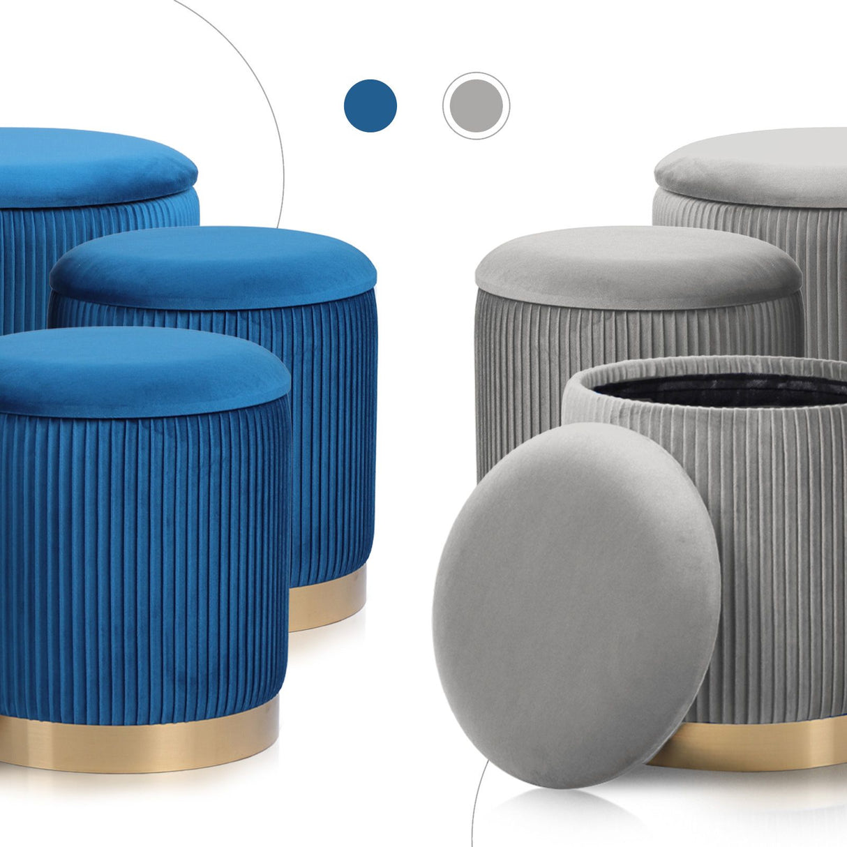 3 Piece Set Storage Ottoman - Blanket Box Velvet Padded Bench Stool FAYE GREY