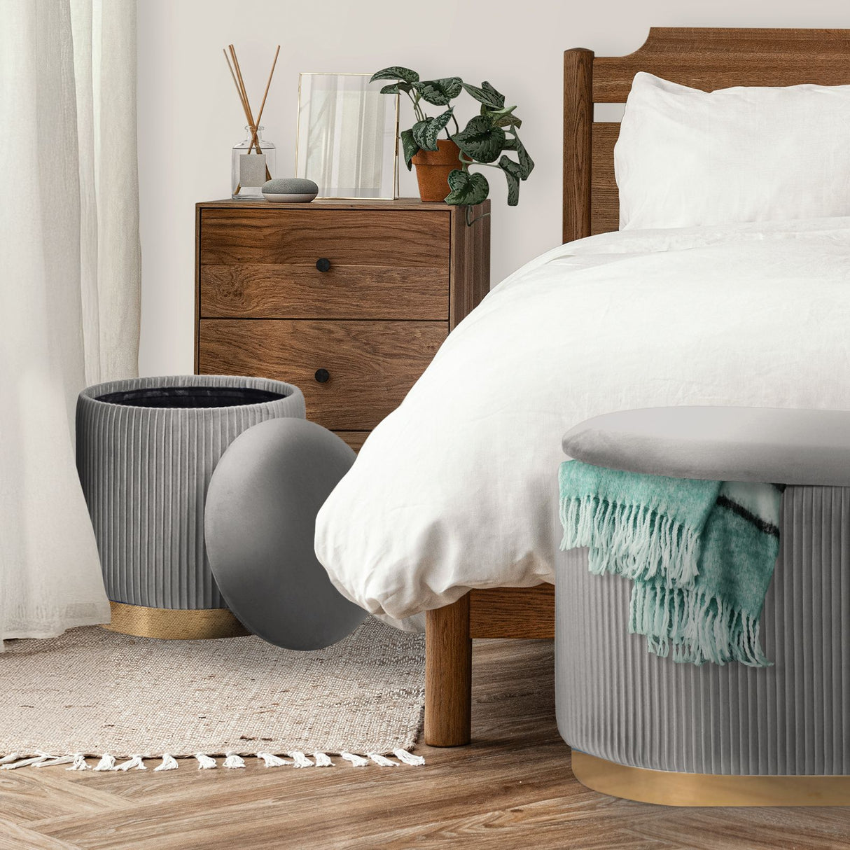 3 Piece Set Storage Ottoman - Blanket Box Velvet Padded Bench Stool FAYE GREY