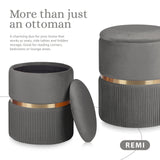 2X Side Table Storage Ottoman - Velvet Padded Stool Vanity Footstool REMI GREY