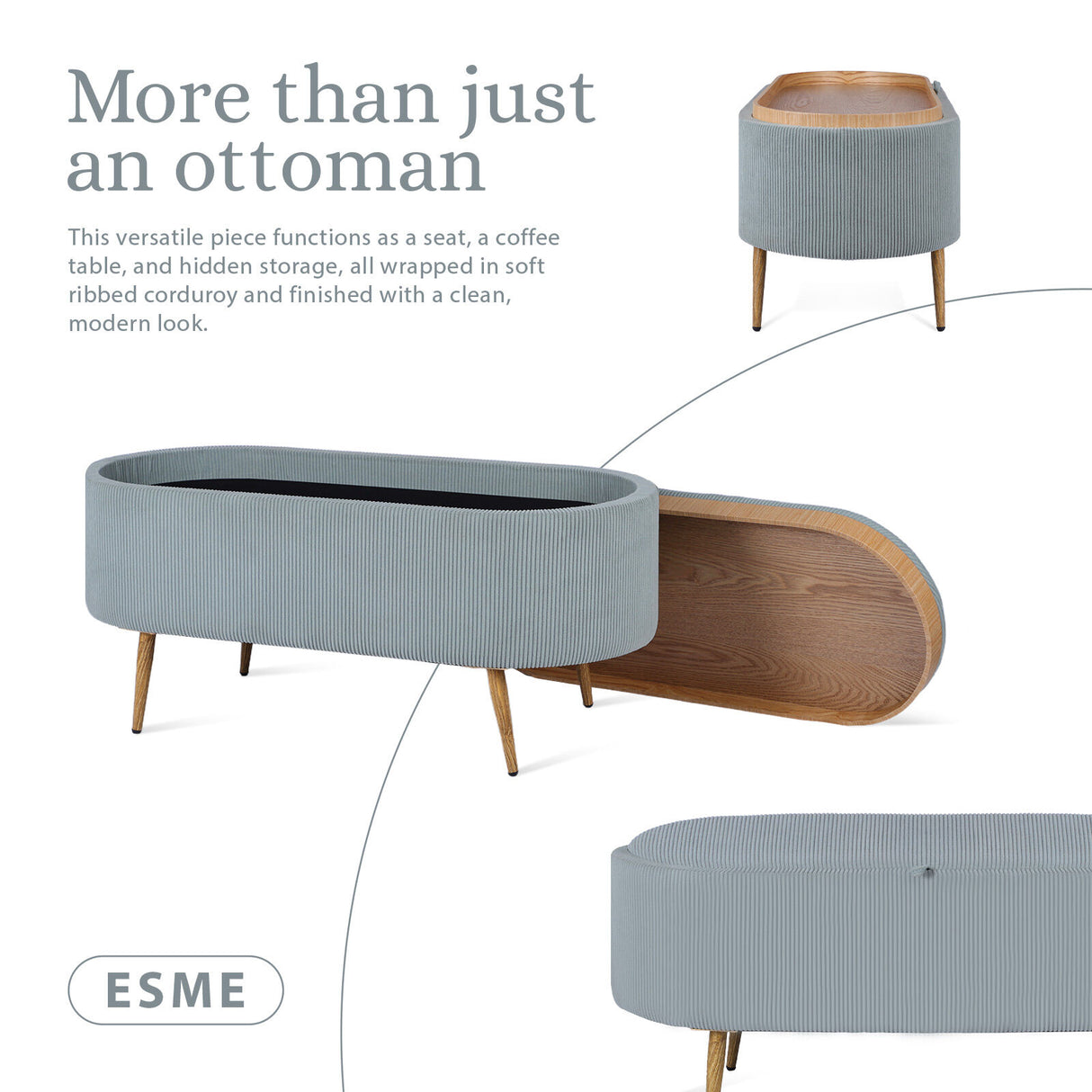 Coffee Table Storage Ottoman - Corduroy Padded Blanket Box Bench ESME - DUSTY BLUE