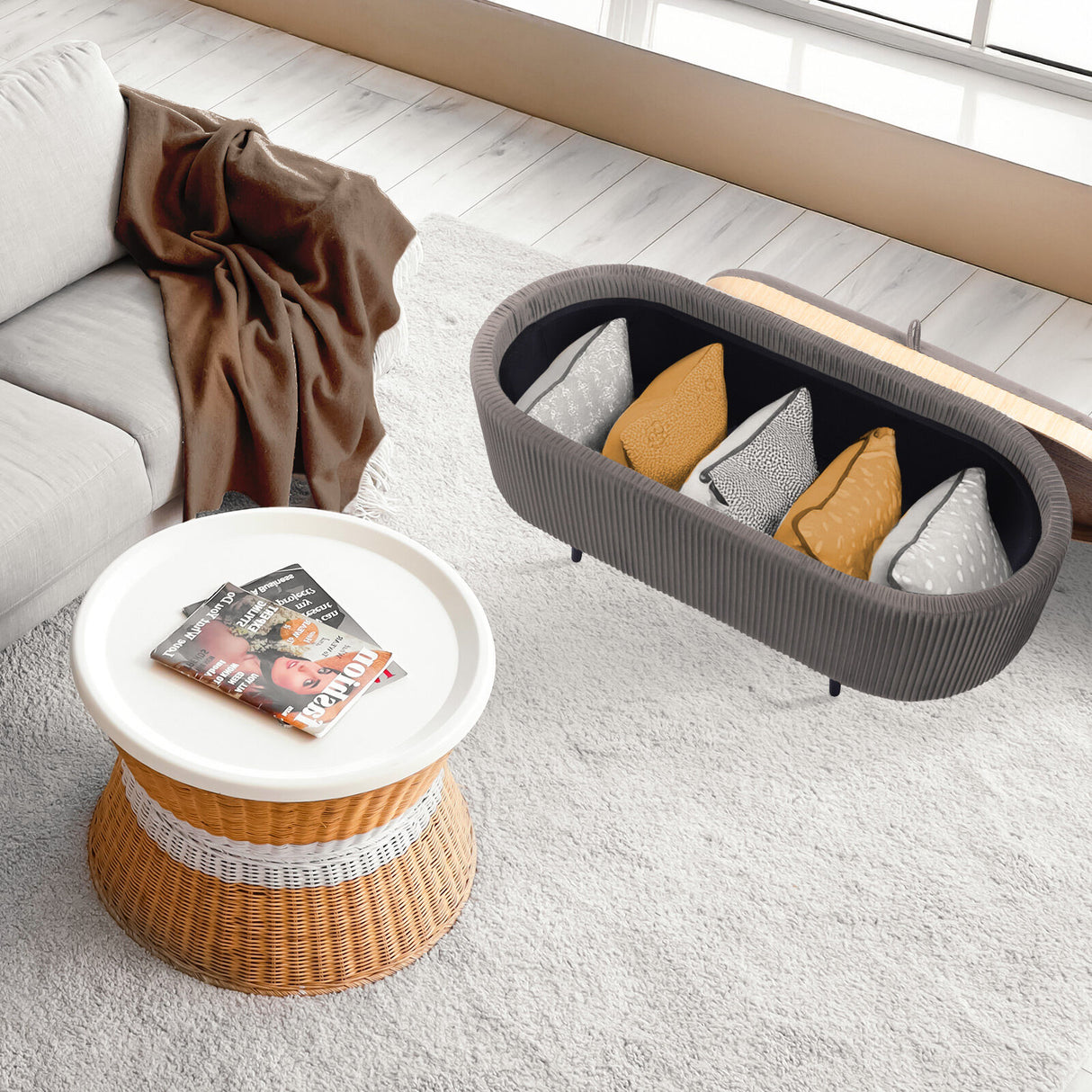 Coffee Table Storage Ottoman - Velvet Padded Blanket Box Bench IRENE GREY