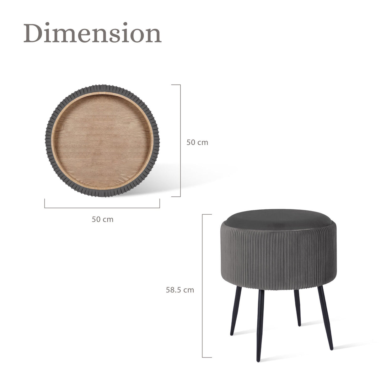 Side Table Storage Ottoman - Velvet Padded Stool Vanity Footstool CLEO GREY