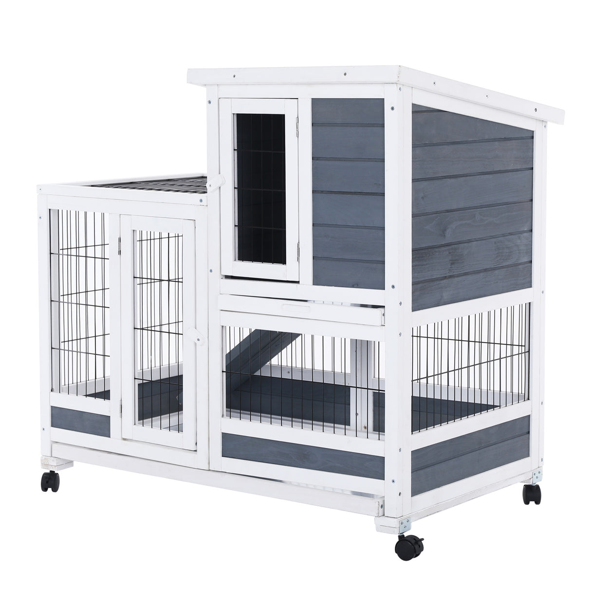 Rabbit Hutch Chicken Coop with Wheels 96.5 x 56 x 90.5cm 2 Storey Pet Cage Run HOPKINS