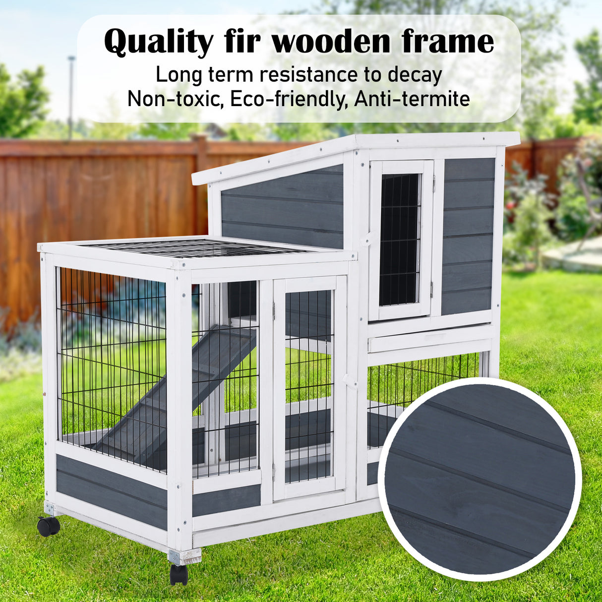 Rabbit Hutch Chicken Coop with Wheels 96.5 x 56 x 90.5cm 2 Storey Pet Cage Run THUMPER