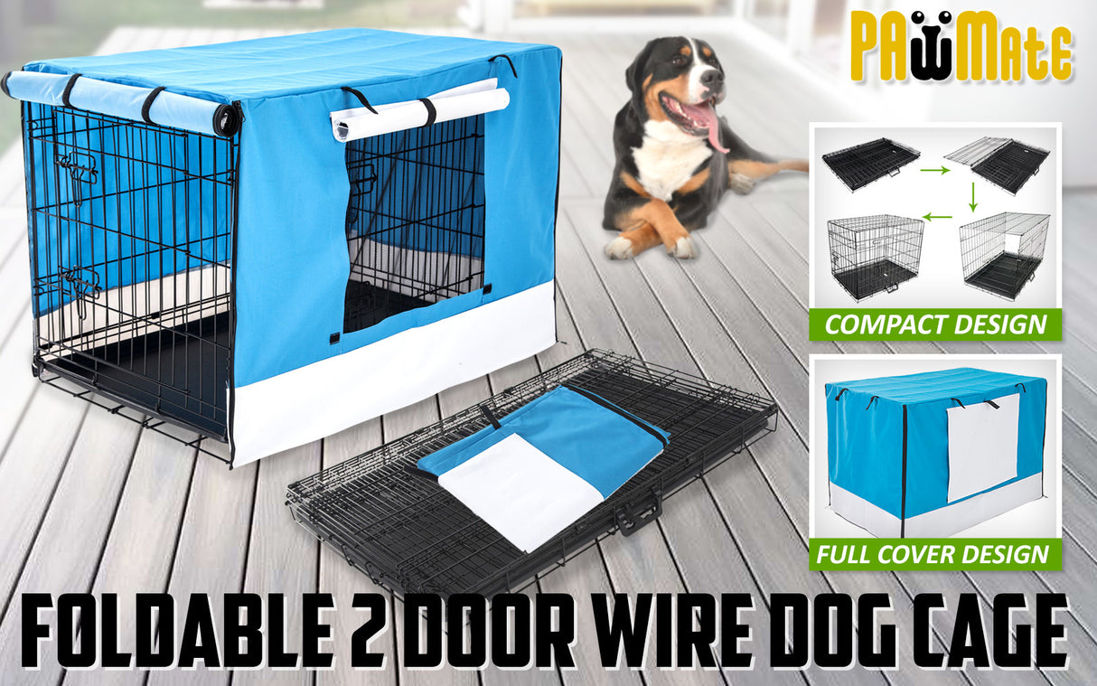 Wire Dog Cage Foldable Crate Kennel 24in with Tray + BLUE Cover Combo