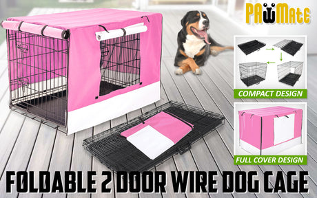 Wire Dog Cage Foldable Crate Kennel 24in with Tray + PINK Cover Combo