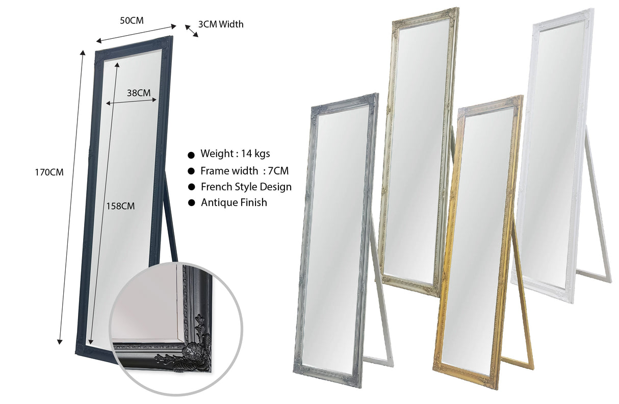 French Provincial Ornate Mirror - Black - Free Standing 50cm x 170cm