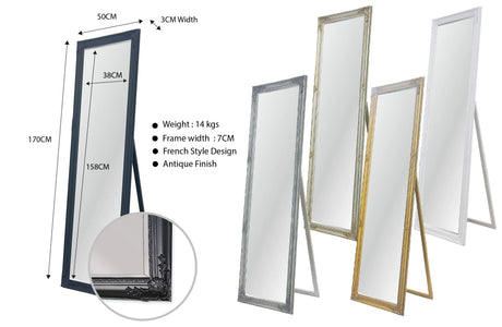French Provincial Ornate Mirror - Black - Free Standing 50cm x 170cm