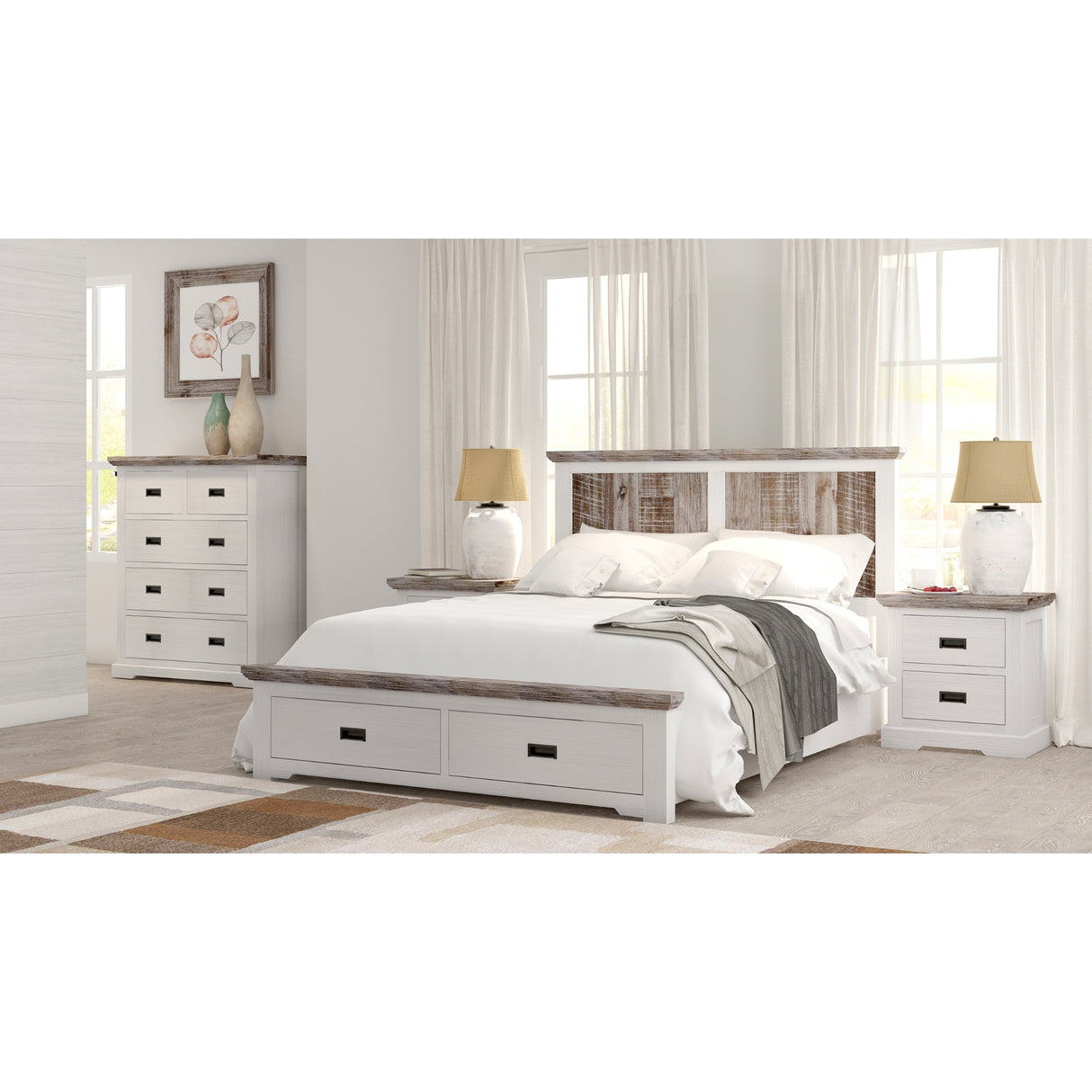 Fiona Bed Frame King Size Timber Mattress Base With Storage Drawers White Grey