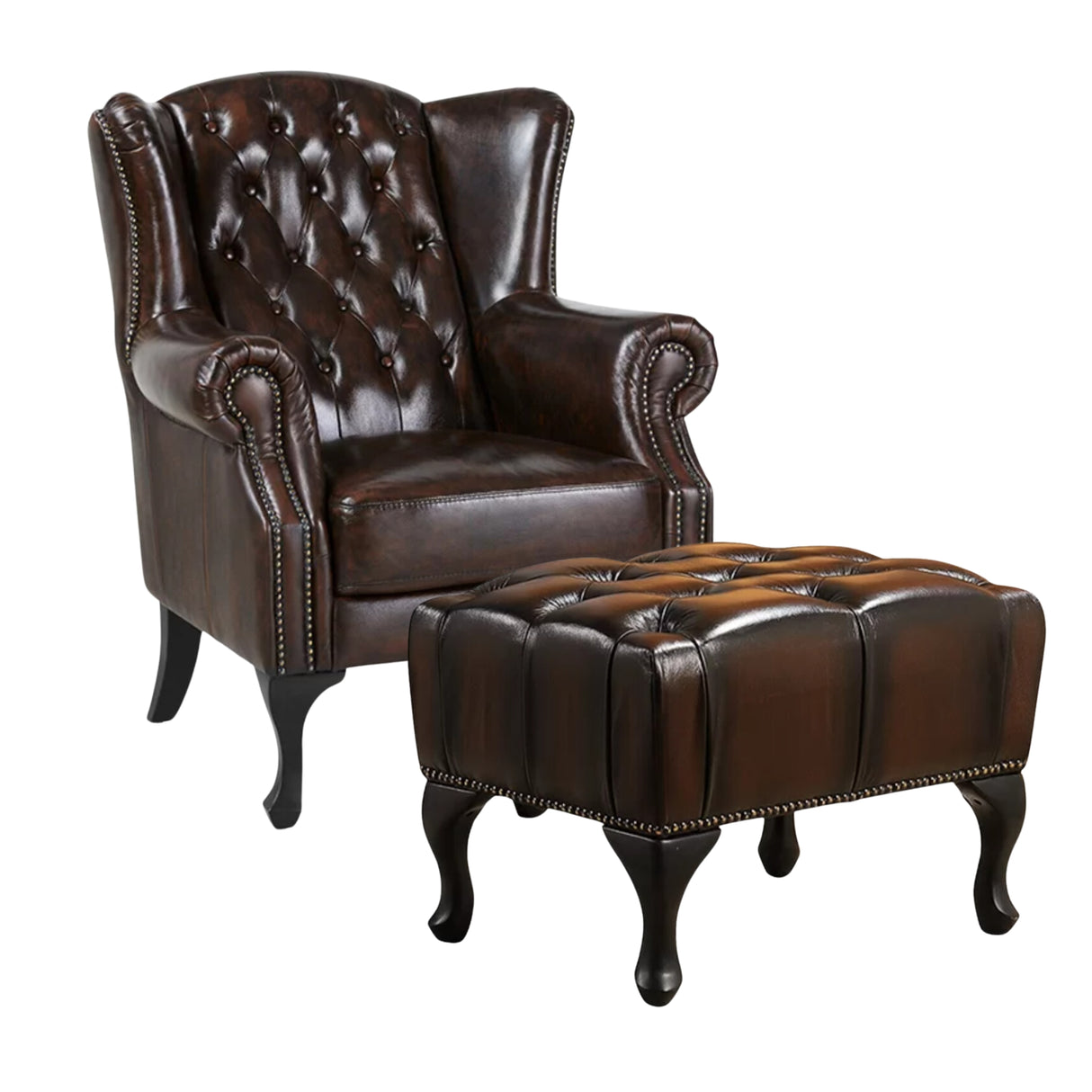 Max Chesterfield Winged Armchair Ottoman Footstool Antique Brown