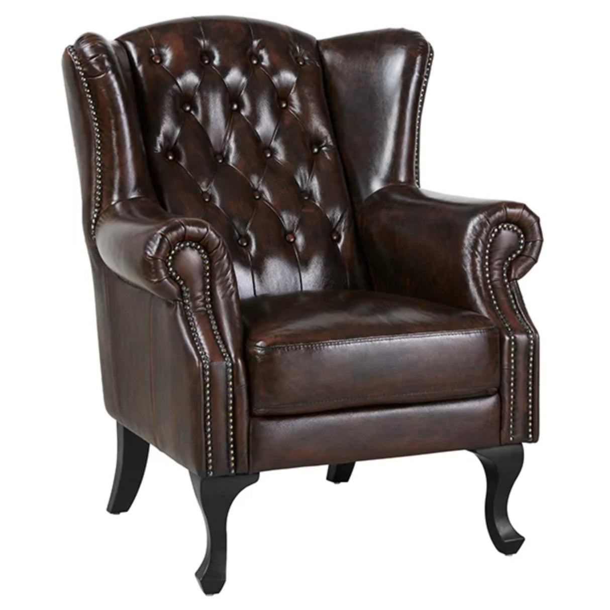 Max Chesterfield Winged Armchair Single Genuine Leather Antique Brown