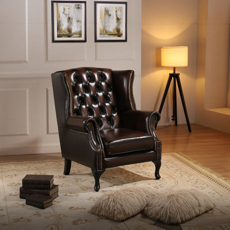 Max Chesterfield Winged Armchair Single Genuine Leather Antique Brown