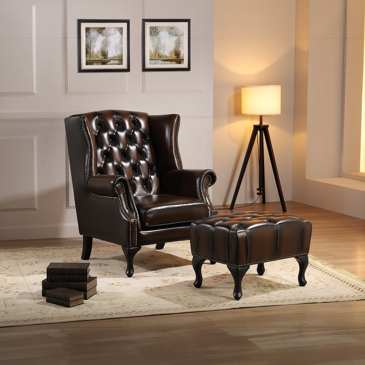 Max Chesterfield Winged Armchair Single Genuine Leather Antique Brown