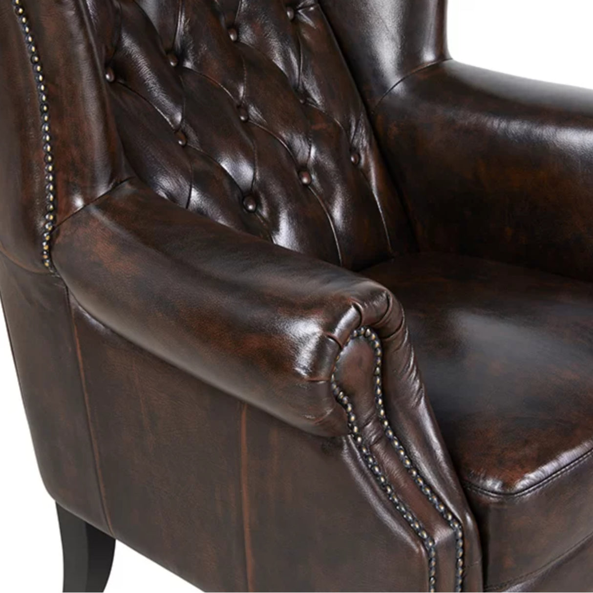 Max Chesterfield Winged Armchair Single Genuine Leather Antique Brown