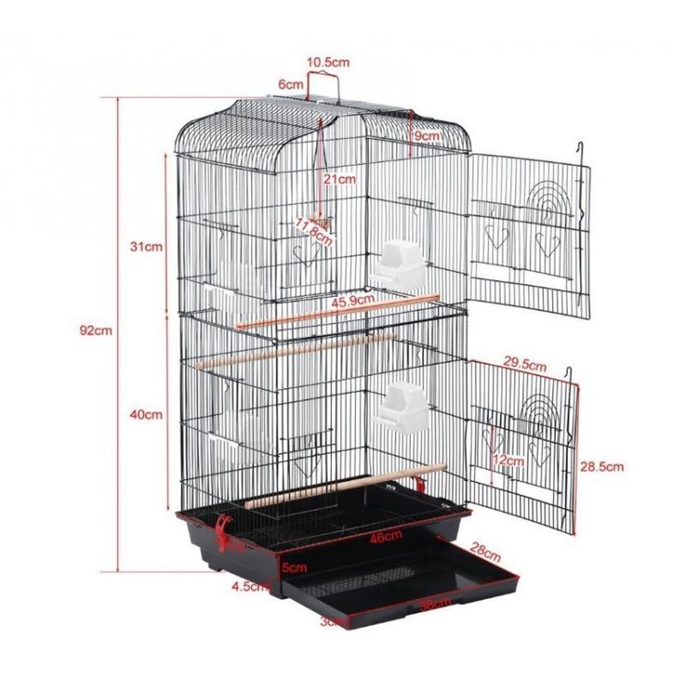 92cm Large Portable Wire Bird Cage Birdcage  Parrot Cage Wooden Stand Pole Feeding Cup Black