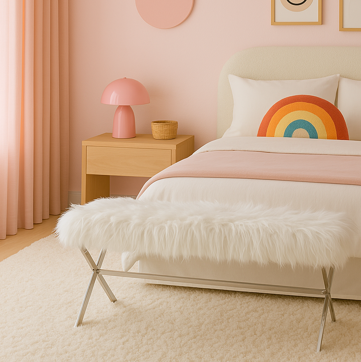 Interior Ave - Oxley Fur Bench - White & Silver