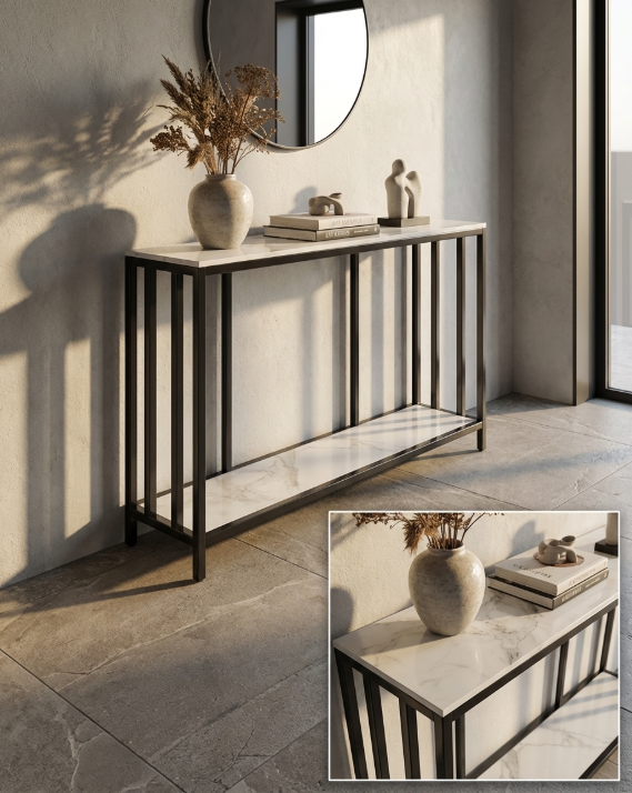 Interior Ave - Bronte Dual Layer Marble Stone Console - White Marble Stone