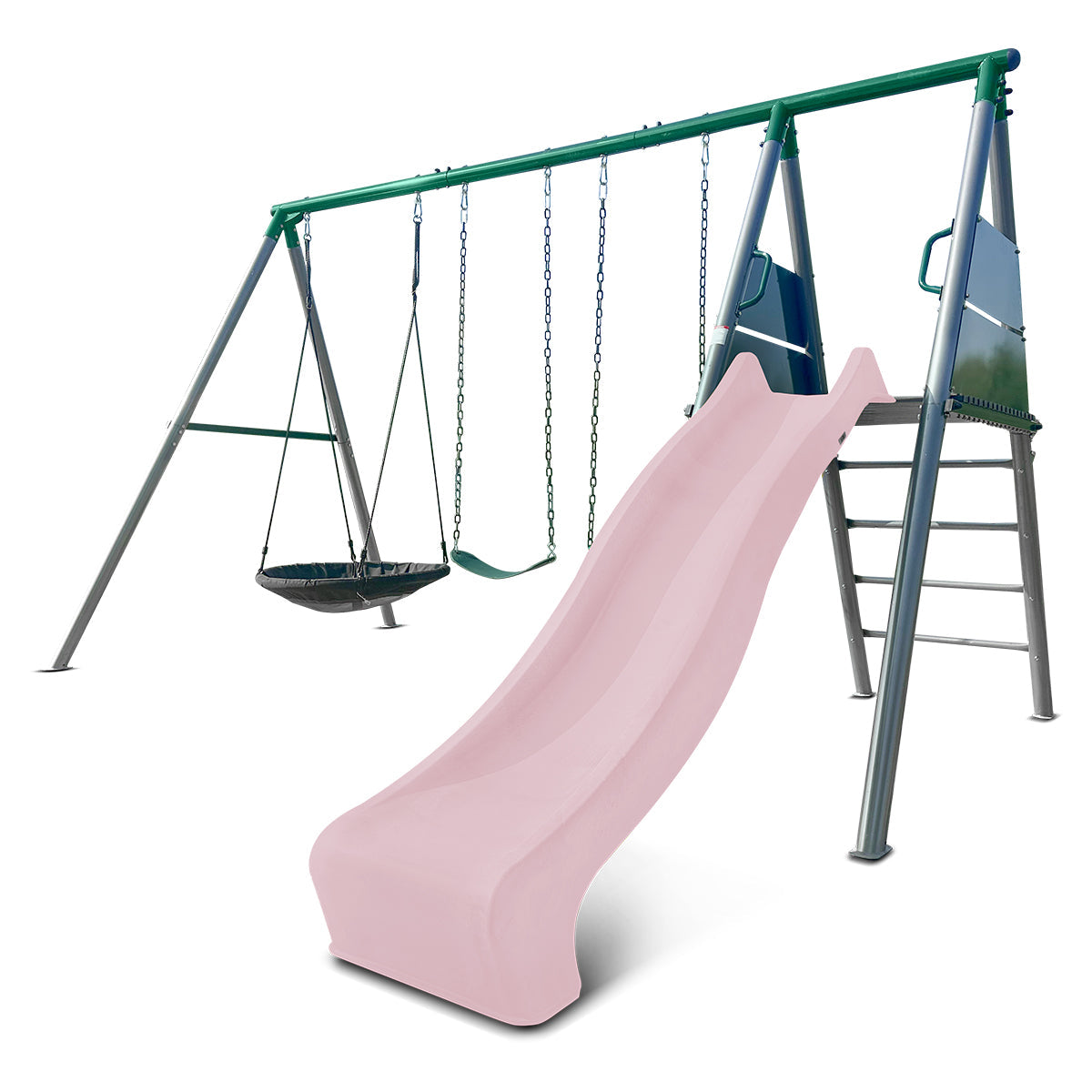 Lifespan Kids Europa Commercial Grade Steel Swing Set with Climb & 2.2m Slide (Pastel Pink)