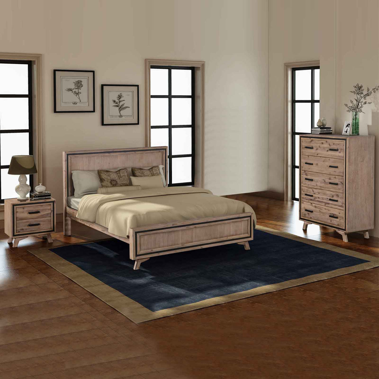 4 Pieces Bedroom Suite Queen Size Silver Brush in Acacia Wood Construction Bed, Bedside Table & Tallboy