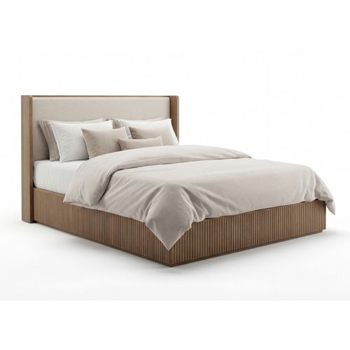 King Bed Frame with Fabric Upholstered Headboard in oak colour