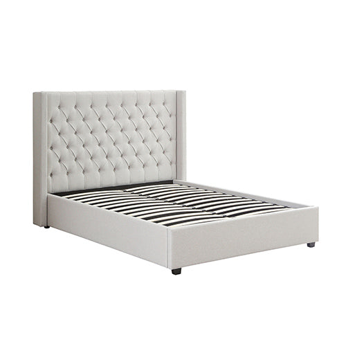 Veronica Bed Frame Double Size Winged Grey Linen Fabric Seam Grid Pattern with gas lift plywood metal structure