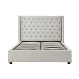 Veronica Bed Frame Queen Size Winged Grey Linen Fabric Seam Grid Pattern with gas lift plywood metal structure