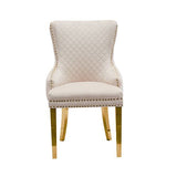 Set of 2 Beige Velvet Dining Chairs – Button Studded Ring Back Design Golden Legs