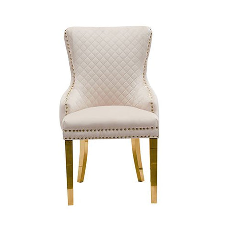 Set of 2 Beige Velvet Dining Chairs – Button Studded Ring Back Design Golden Legs